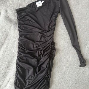 Oh Polly Black One-Shoulder Ruched Mini Dress